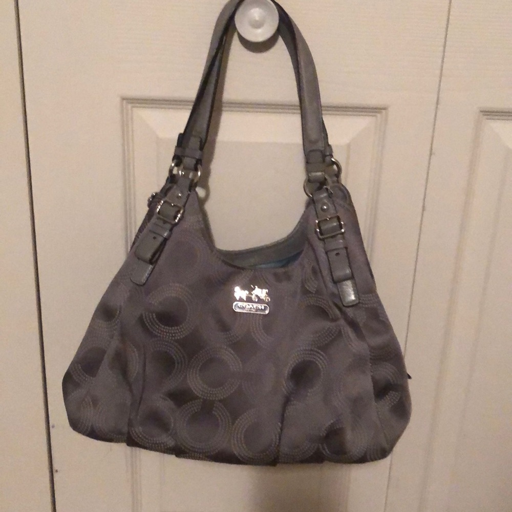 Coach gray Op Art satin large Maggie purse